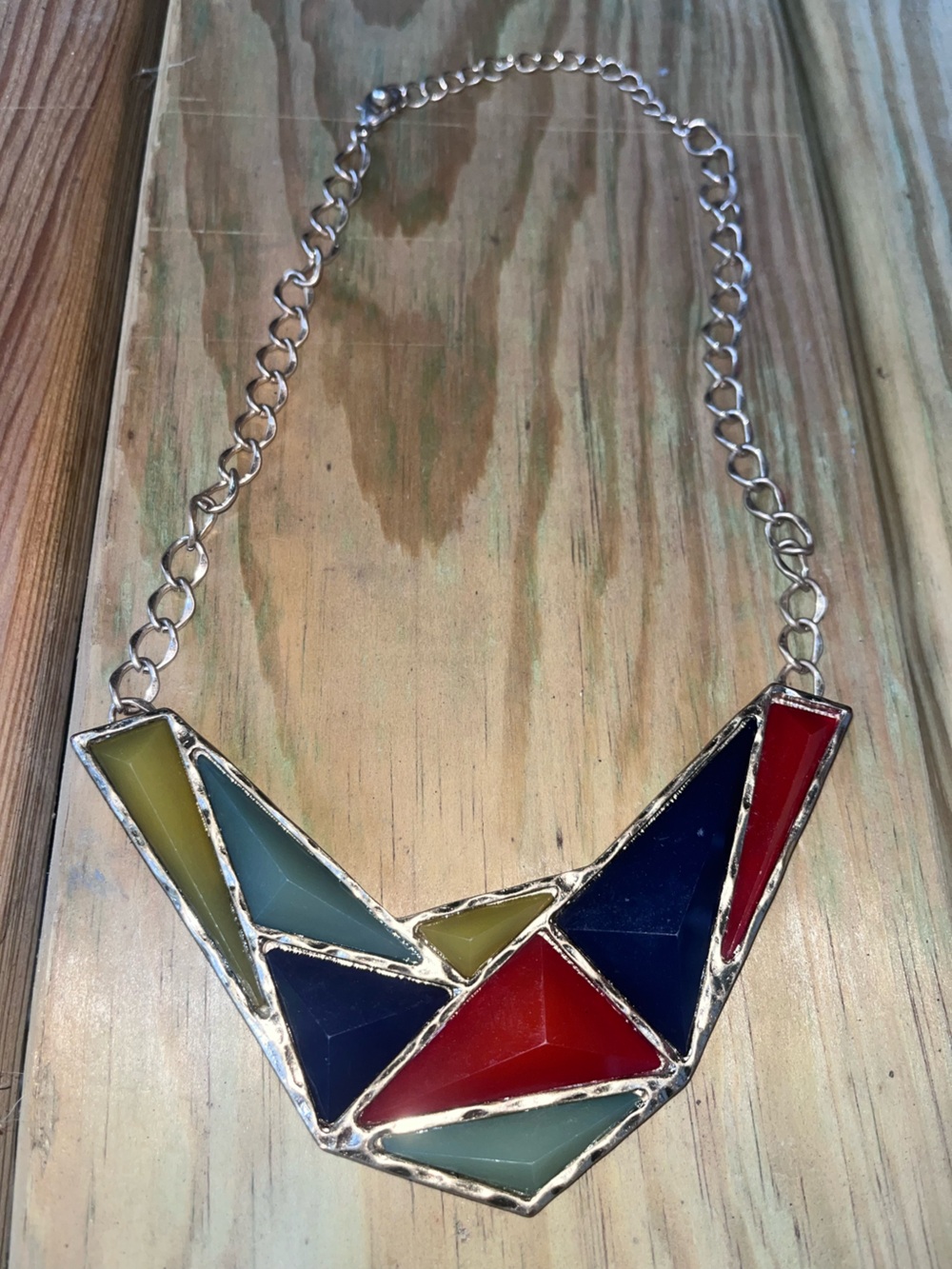 Vintage handcrafted geometric stained glass necklace